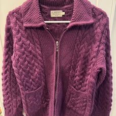 Blarney Aran Originals Merino Wool Ireland Cable Knit Purple Cardigan Sz S