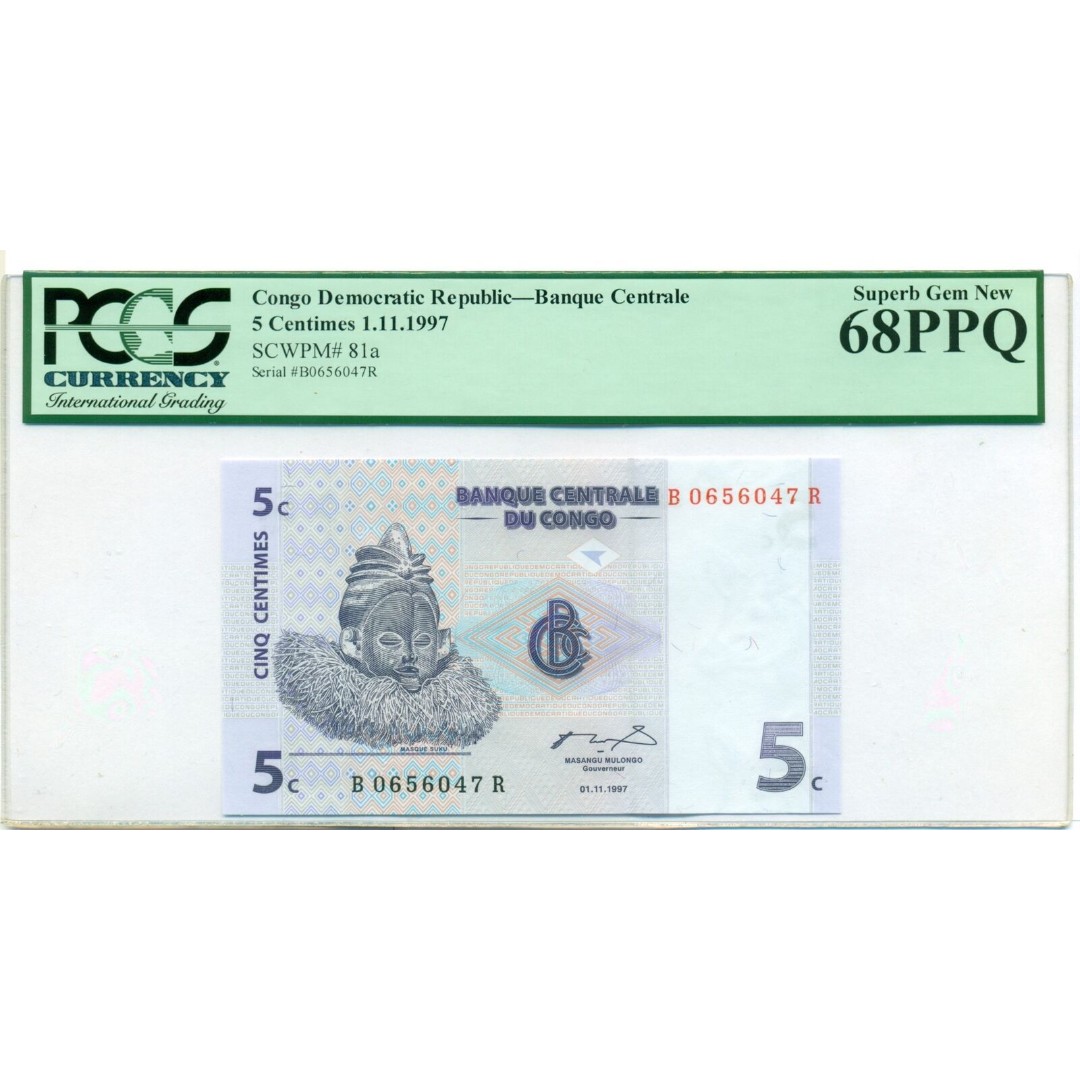 Congo Democratic Republic 1997 5 Centimes Bank Note Superb Gem New 68 PPQ PCGS
