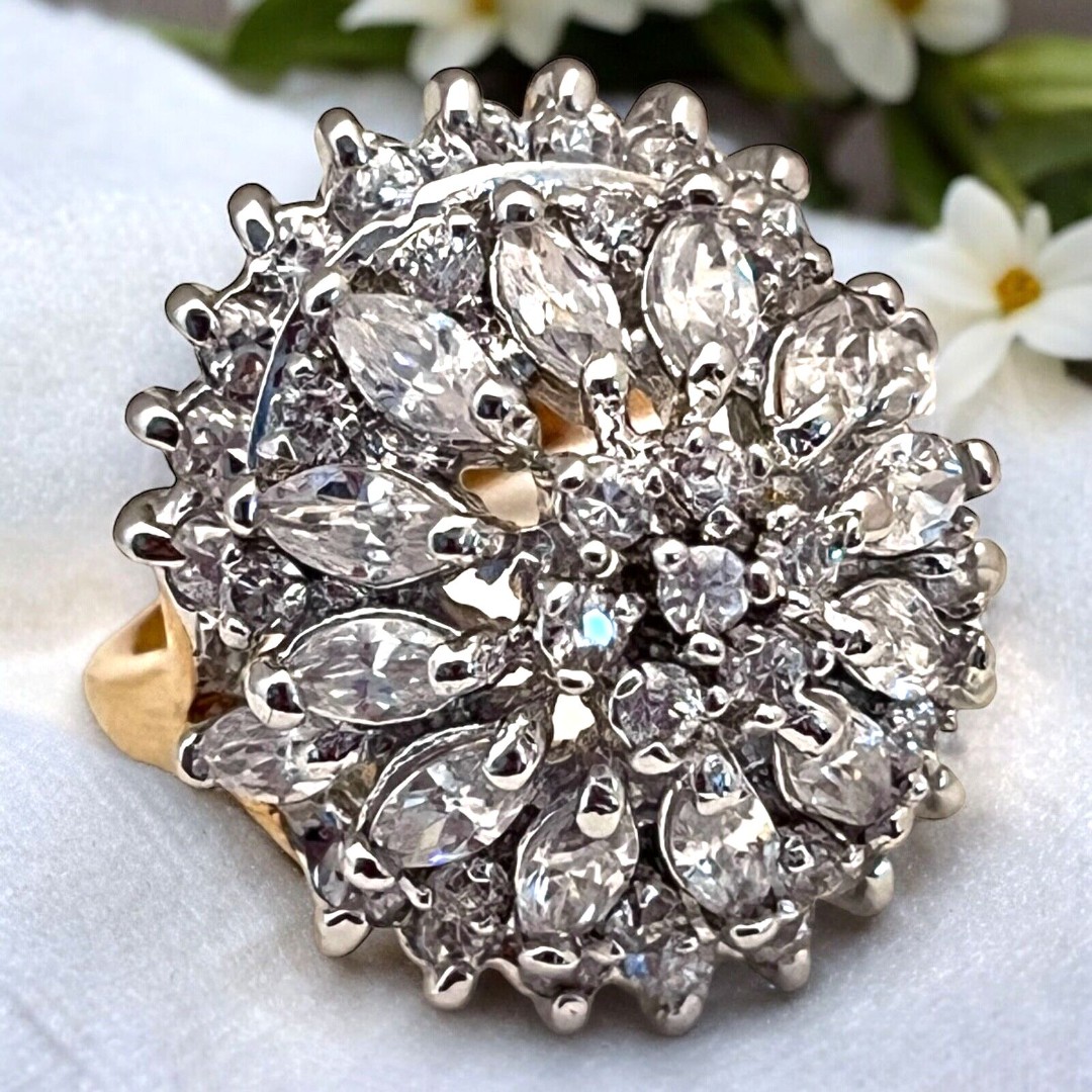 Vintage Ring Size 8 Cubic Zirconia Cluster 14K Gold Plate Mid-Century 14G
