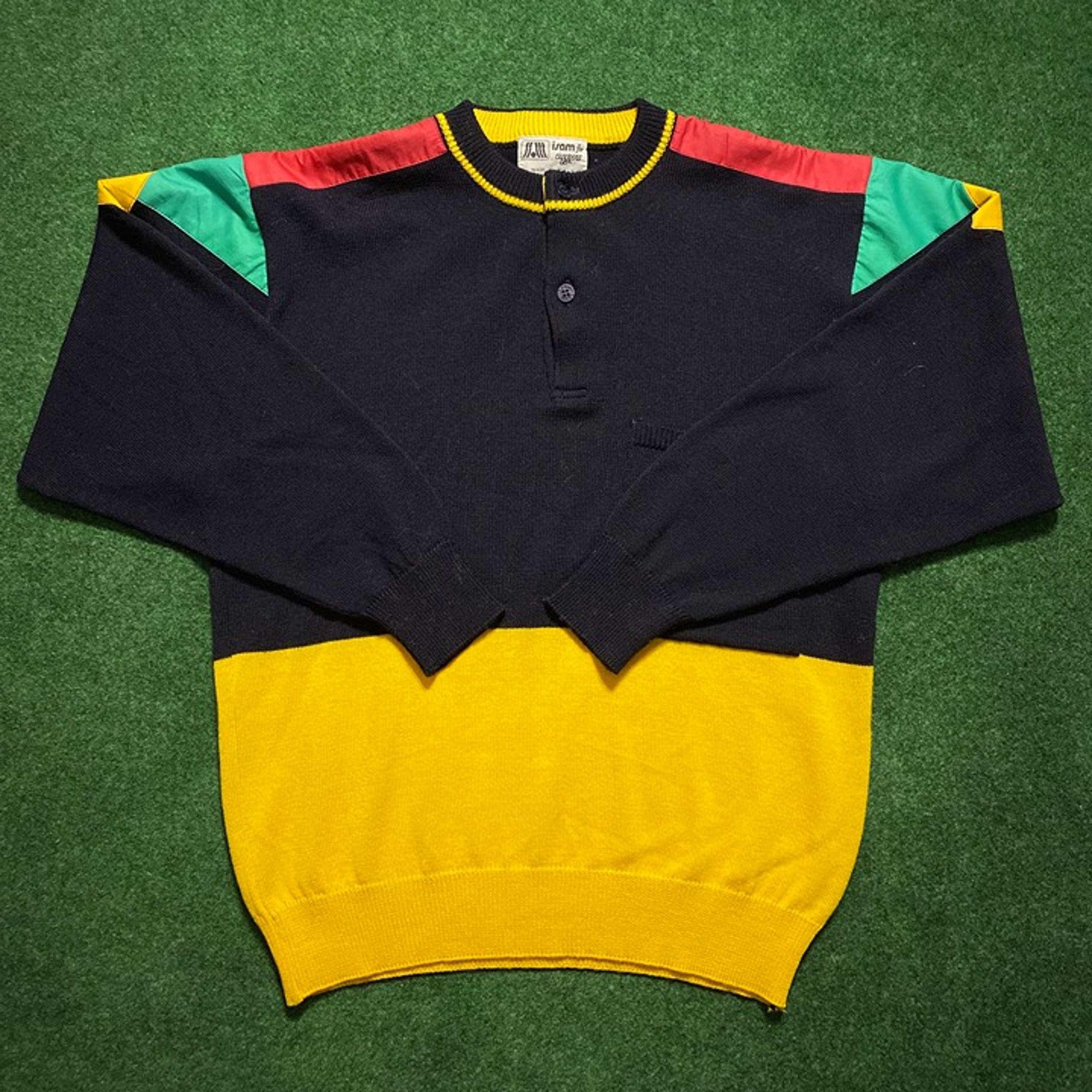 Vintage Mens Isam for Cuzzens Navy Blue Yellow Colorblock Henley Sweater 48