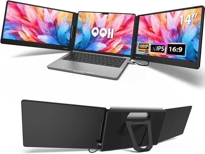 Triple Portable Monitor, 14” FHD 1080P IPS Laptop Screen Extender with Alloy Sta