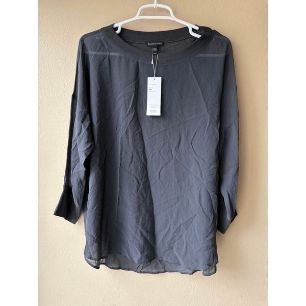 Eileen Fisher Sheer Silk Georgette Bateau Neck Top in Graphite Size Medium