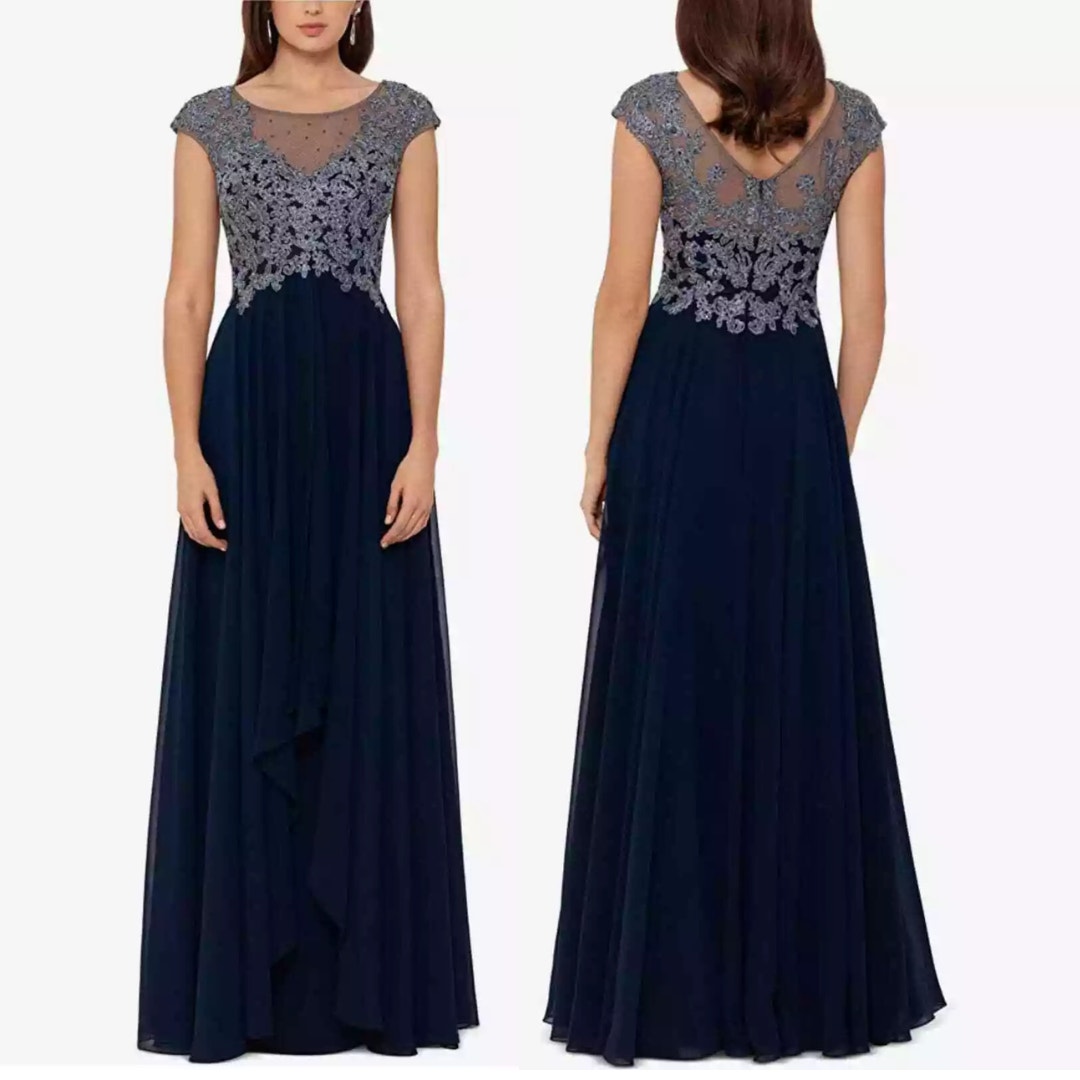 NEW Xscape Navy Lace Chiffon Illusion Cap Sleeve Formal Evening Gown 12 Large