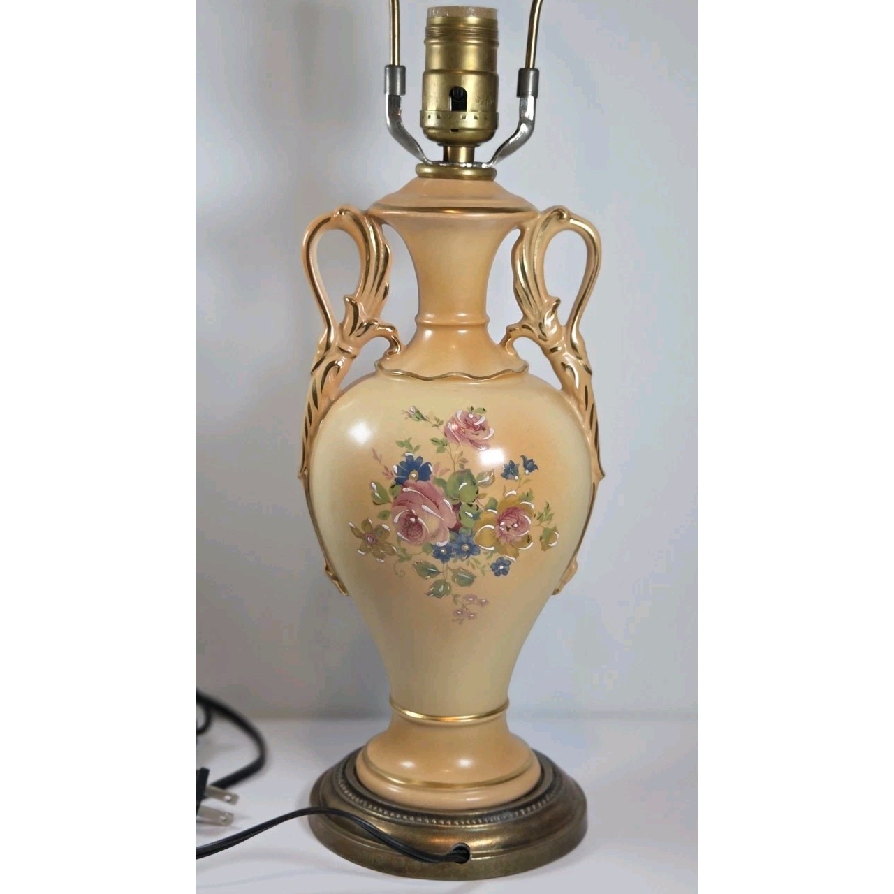 Vintage Hand Painted Porcelain Romantic Flowers Boudoir Table Lamp NO Shade