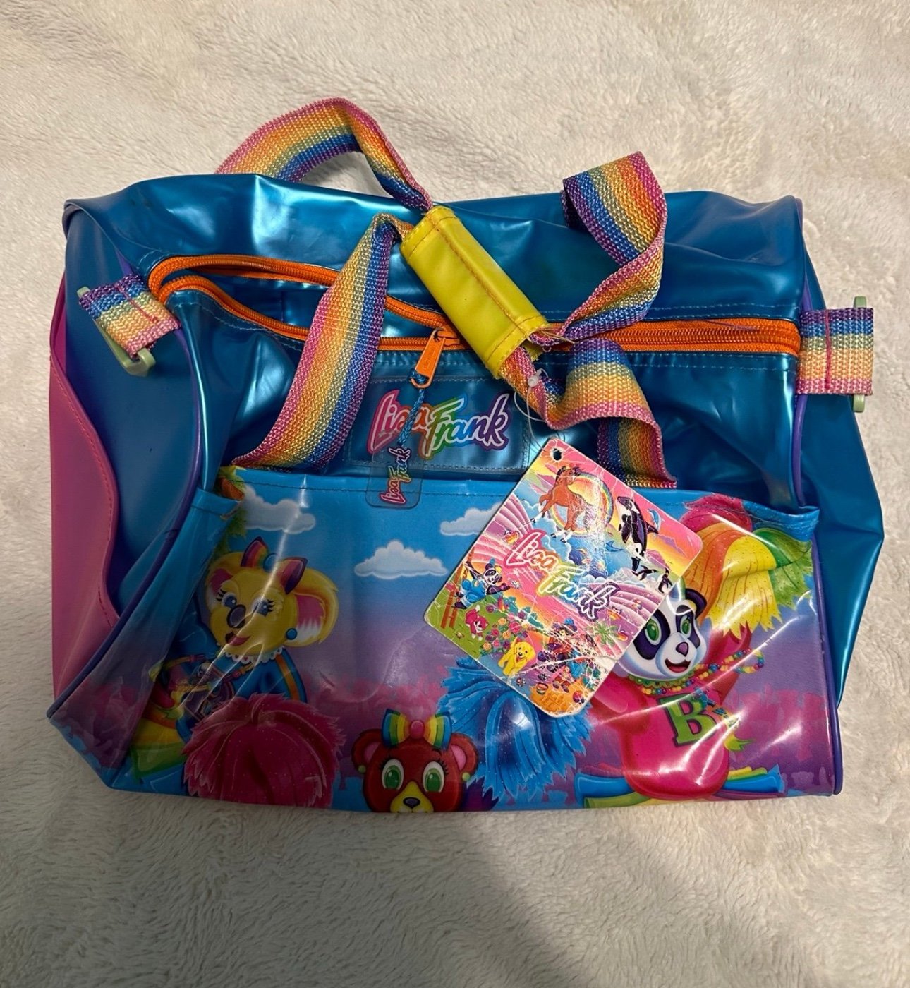 Vintage Lisa Frank Rare 90’s Cheerleader Bears Duffle Clear Bag Rainbow Straps