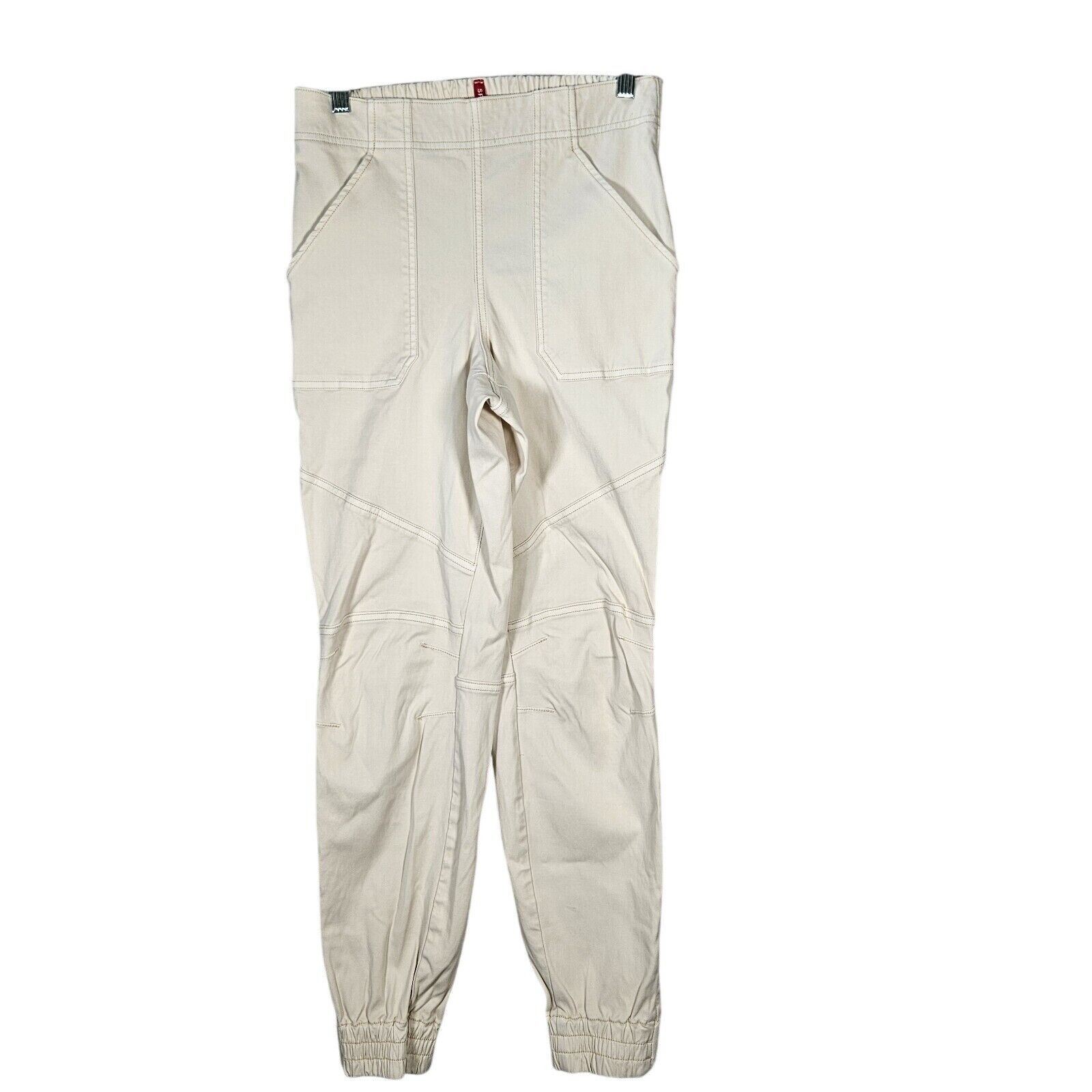SPANX Jeans Women's M 28x29.5 Stretch Twill Cargo Ivory Pockets Hem Zip Joggers