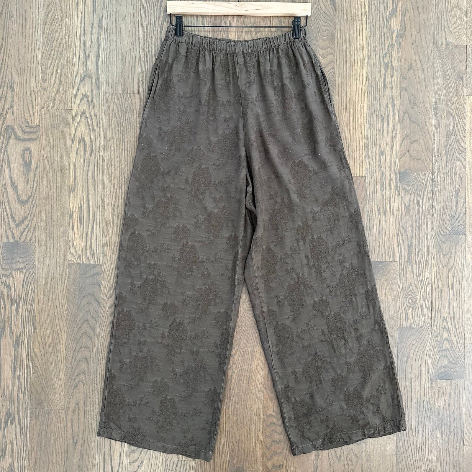 CP Shades Floral Brocade Jacquard Elastic Waist Wide Leg Pant Mocha Brown Medium