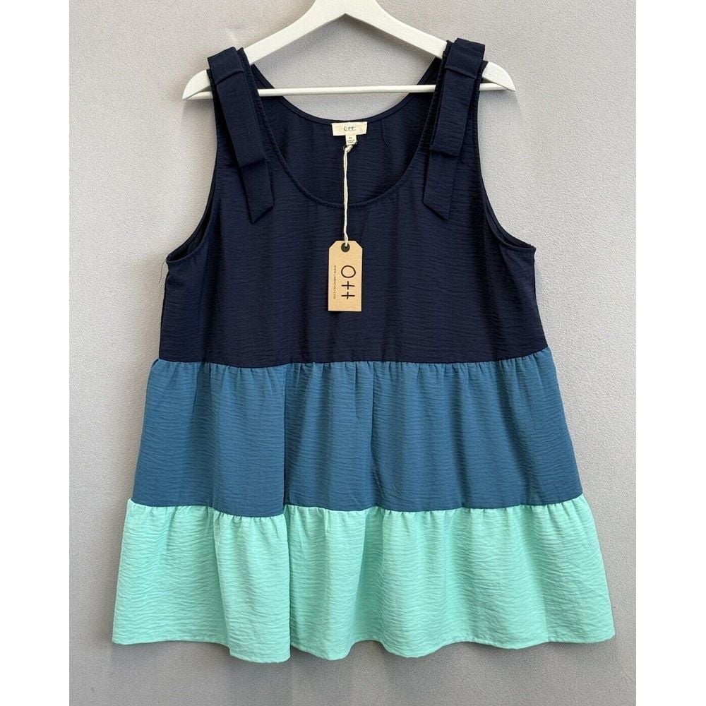 OTT Women's Plus Sz 2X Coastal Cool Tiered Ruffle Color Block Tank Top NWT