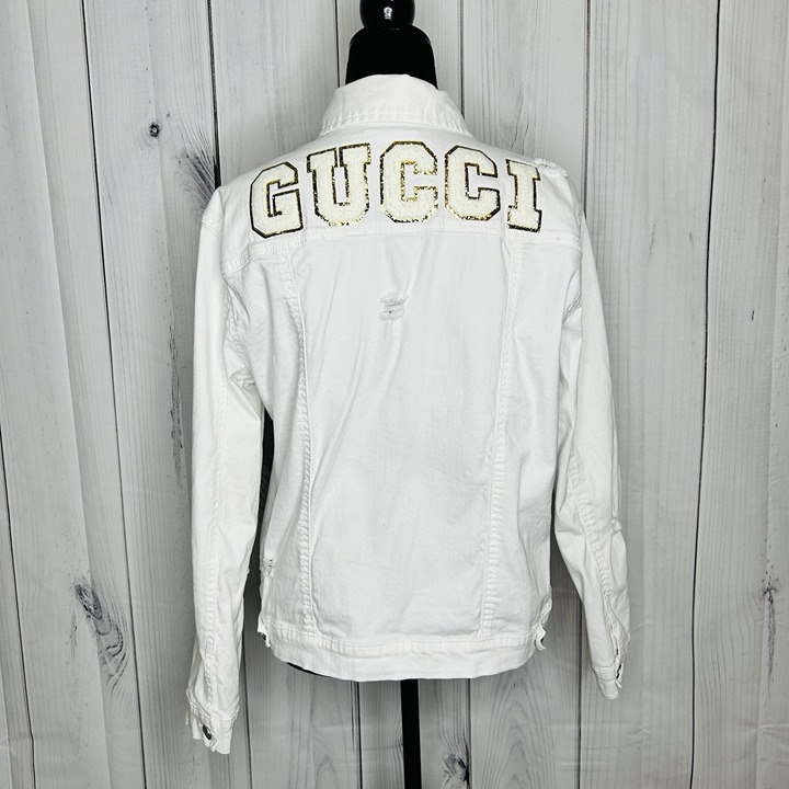 Judith March GUCCI Embroidered Distressed‎ White Denim Jacket Sz Medium