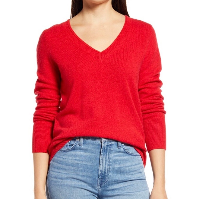 Halogen 100% Cashmere Knit Red V-Neck Sweater