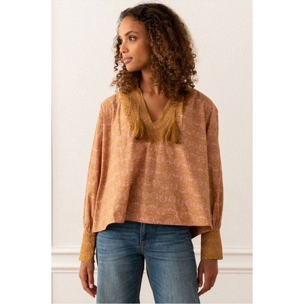 Mi Golondrina Beatriz Blouse Rosa y Mostaza Size Medium Embroidered Tassel