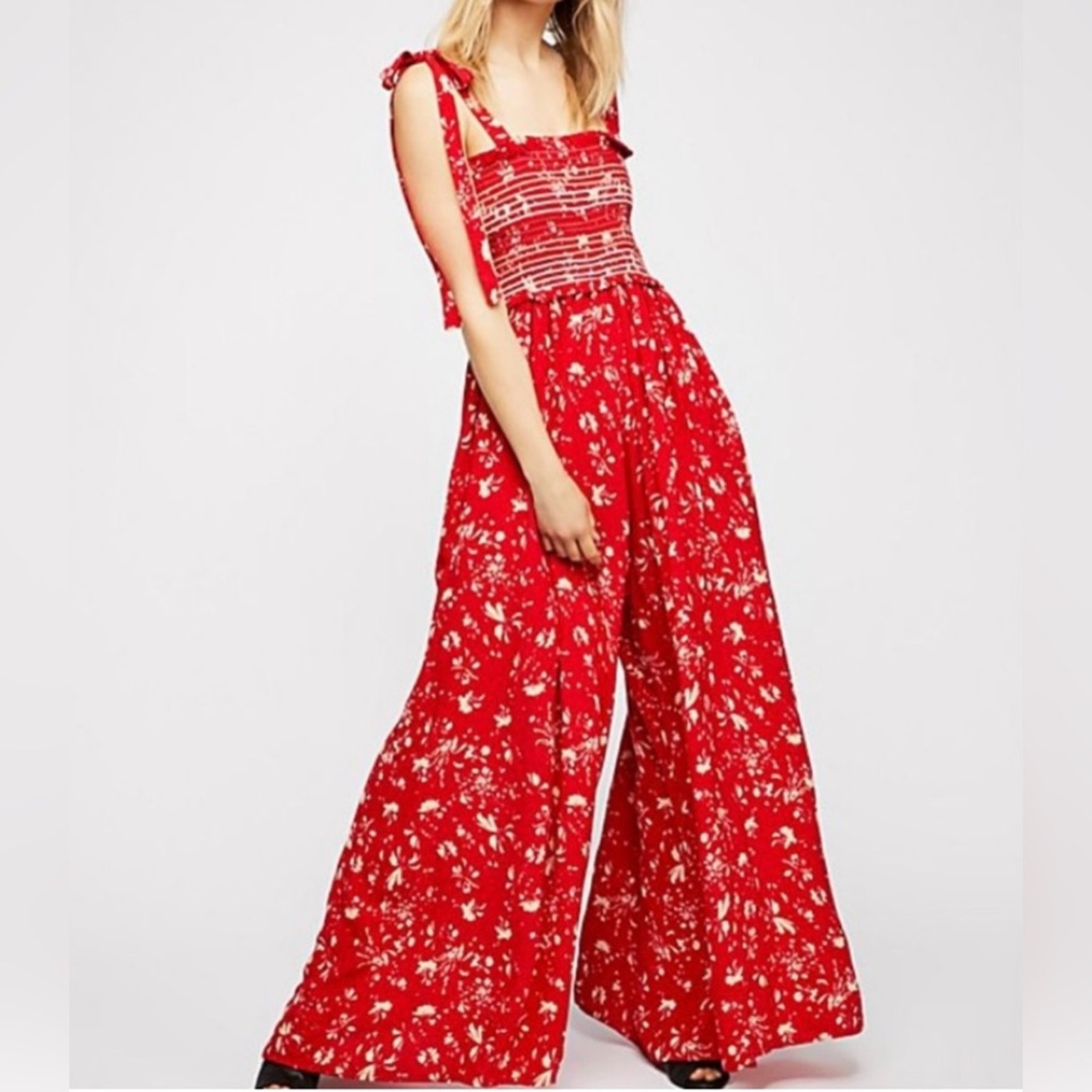 Free People Color My World Red Floral Smocked Shoulder Tie Wide Leg Jumpsuit
