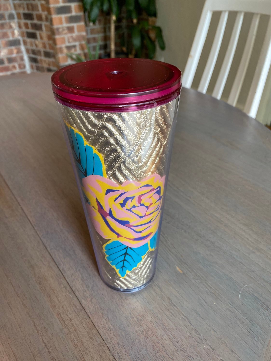 NWT STARBUCKS TUMBLER 24 oz cup Gold Metallic pink Rose Quilted Embossed