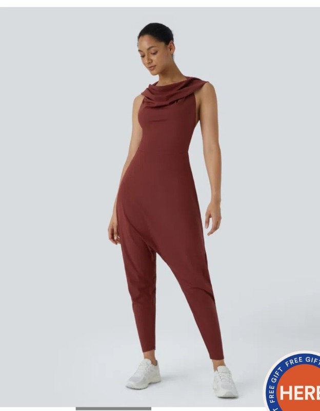 Halara Cowl Neck Hooded Sleeveless Backless Yoga Harem Jumpsuit large brown