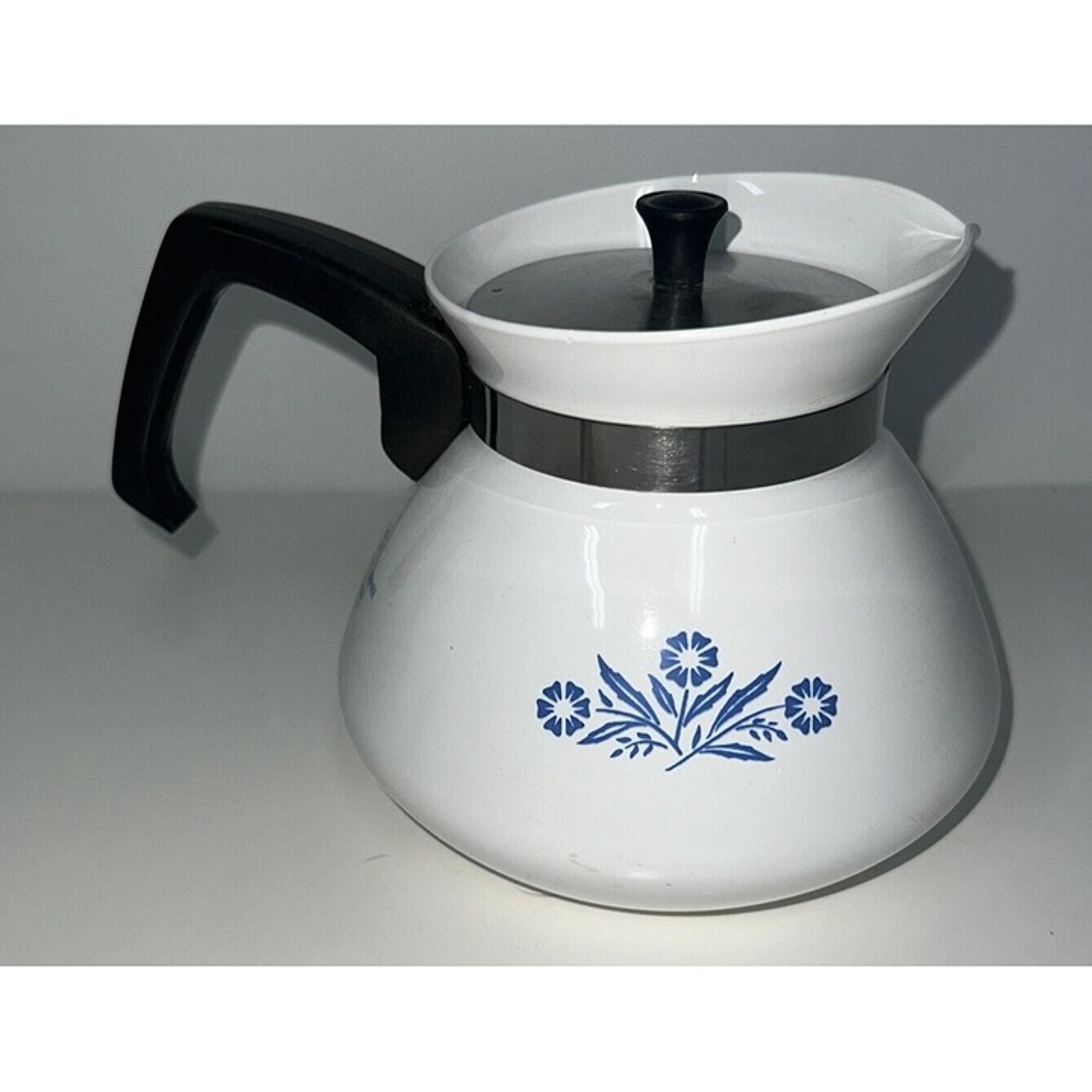 Vintage Corning Ware Coffee Tea Pot 6 Cup Stainless Lid Blue Cornflower - CorningWare