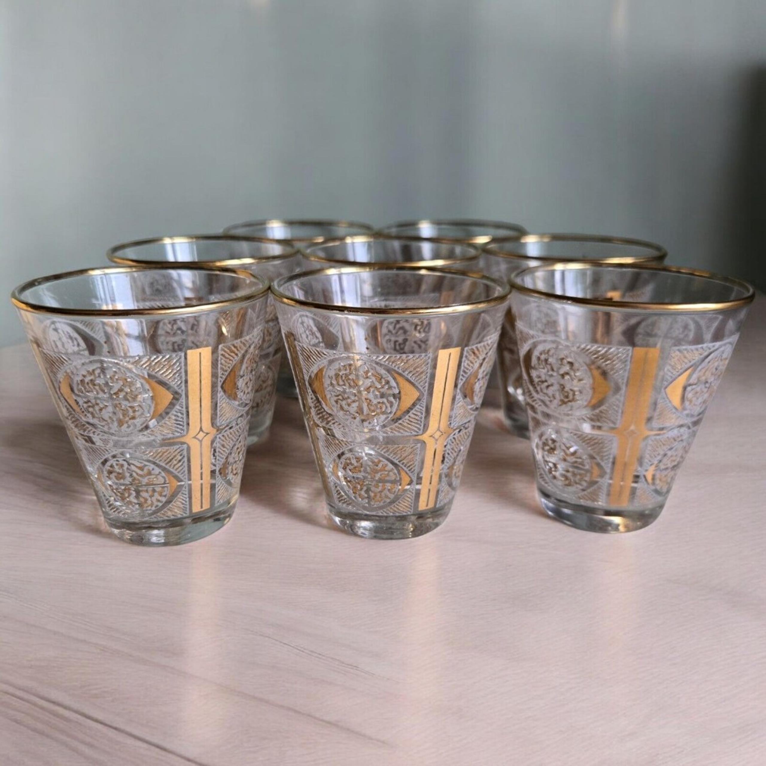 8 Vintage LIBBEY GLASS Barware Cocktail Glasses Gold & White Embossed Highball