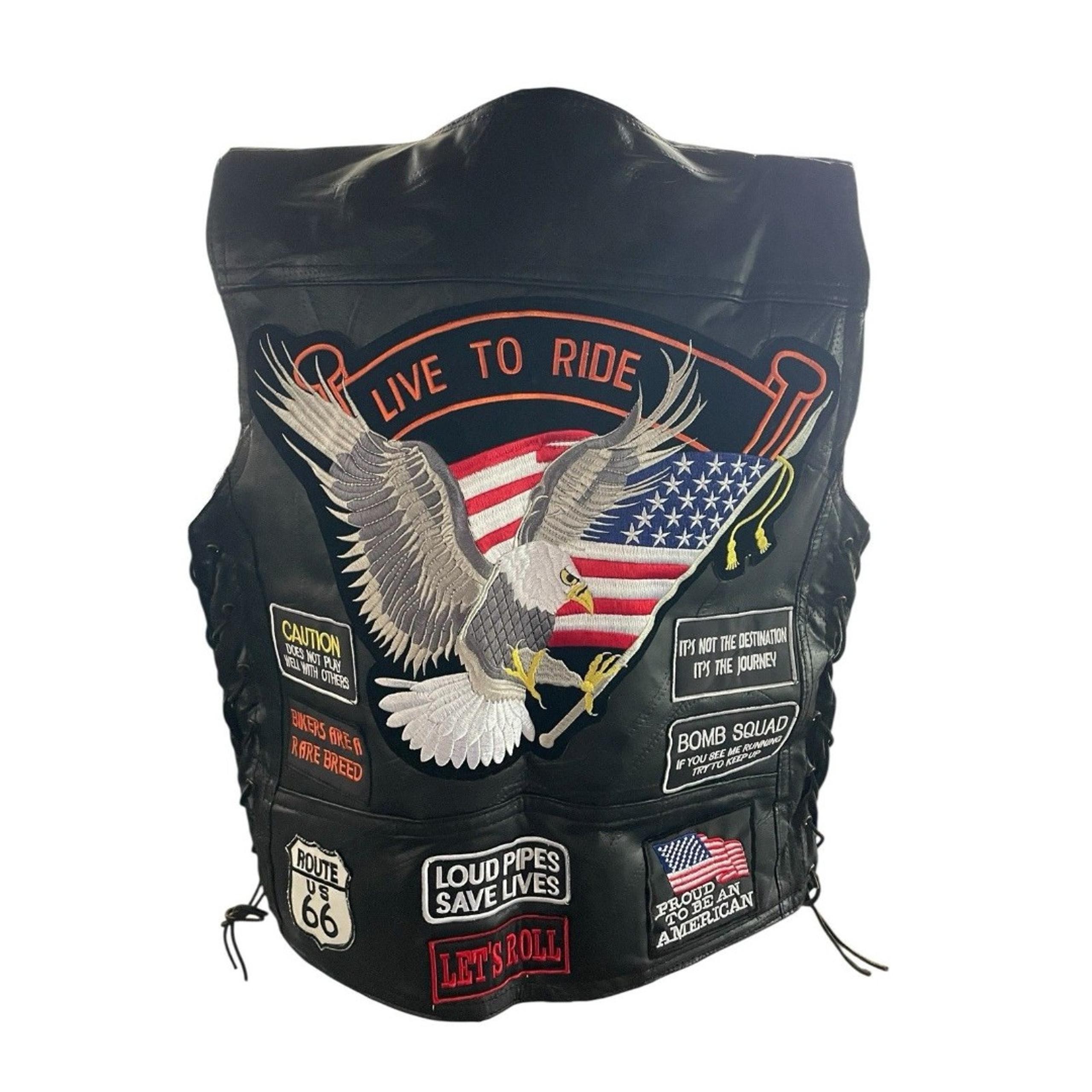Diamond Plate Buffalo Leather Vest Men's Small Biker Moto Gear 14 Patches New