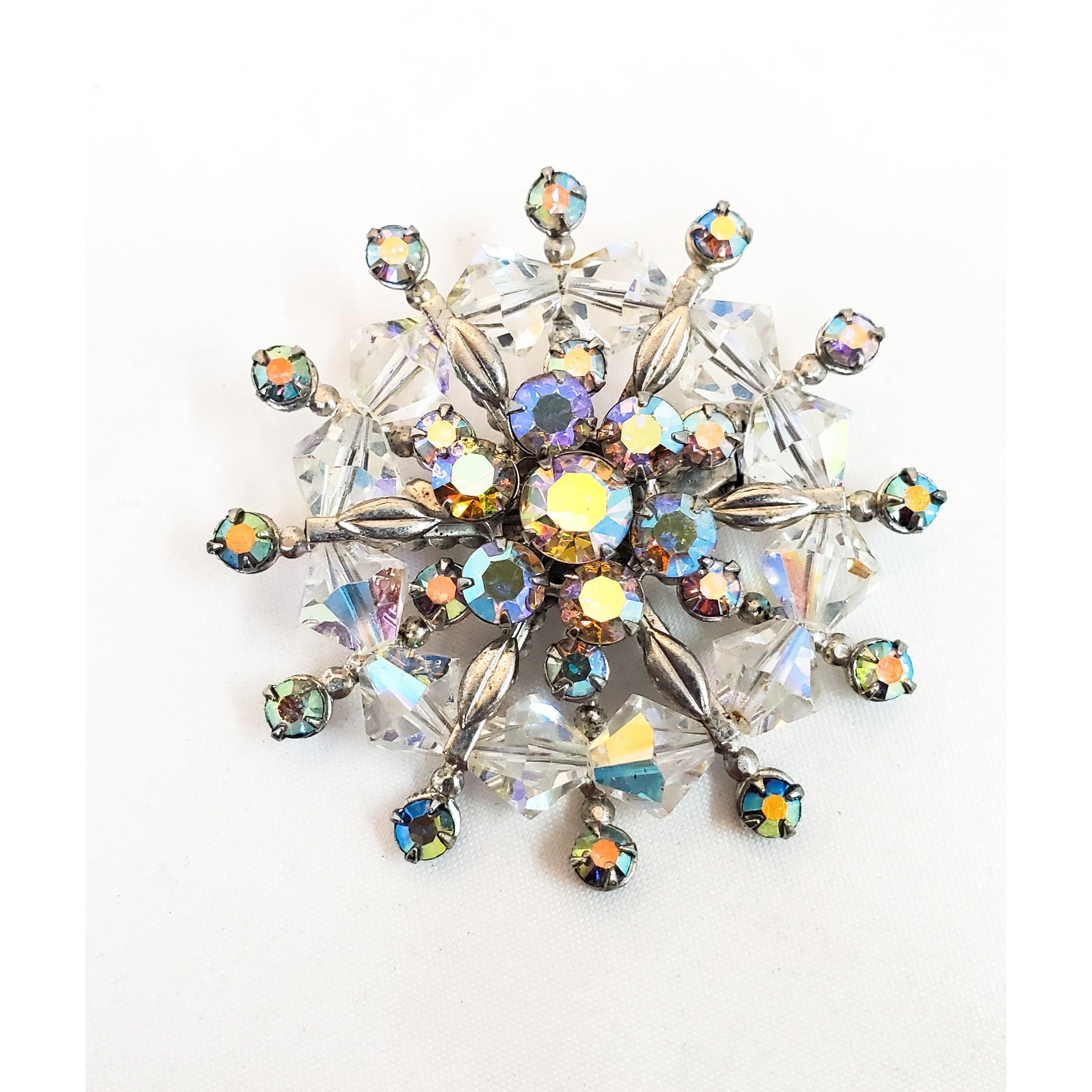 Mid Century Snowflake Brooch Austrian crystal and Aurora Borealis chaton rhines