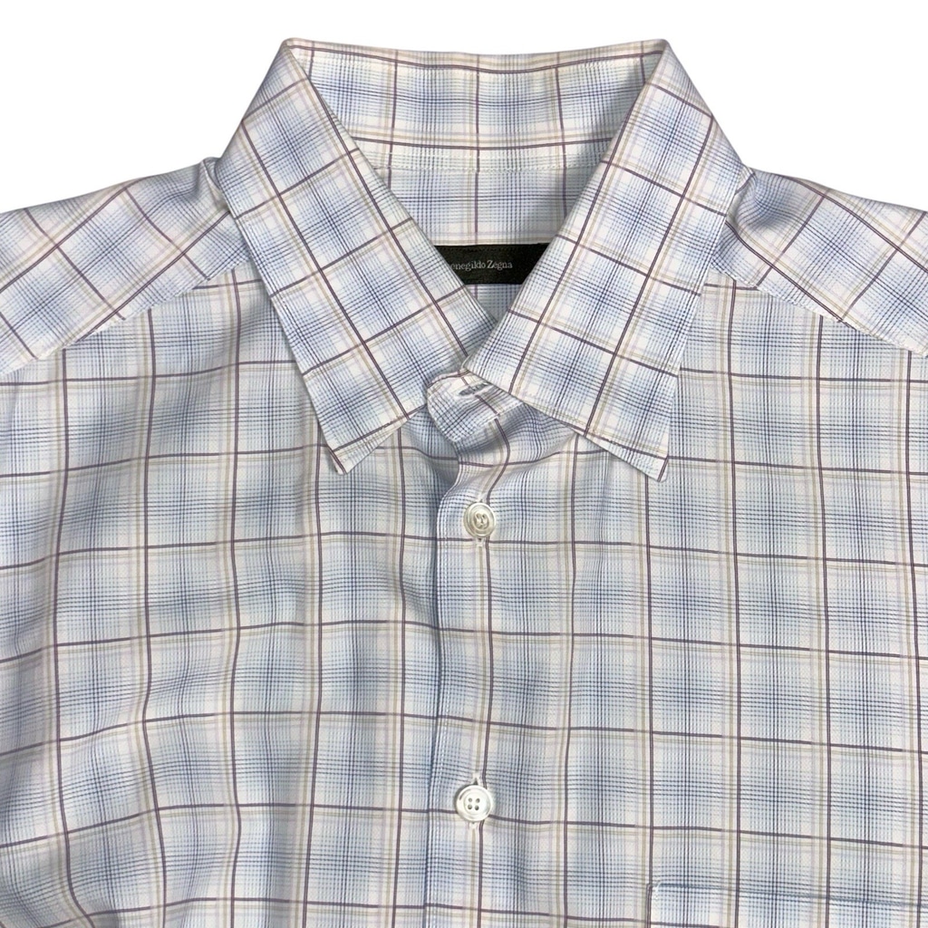 Ermenegildo Zegna Shirt Mens XL White Purple Blue Plaid Dress Long Sleeve Formal