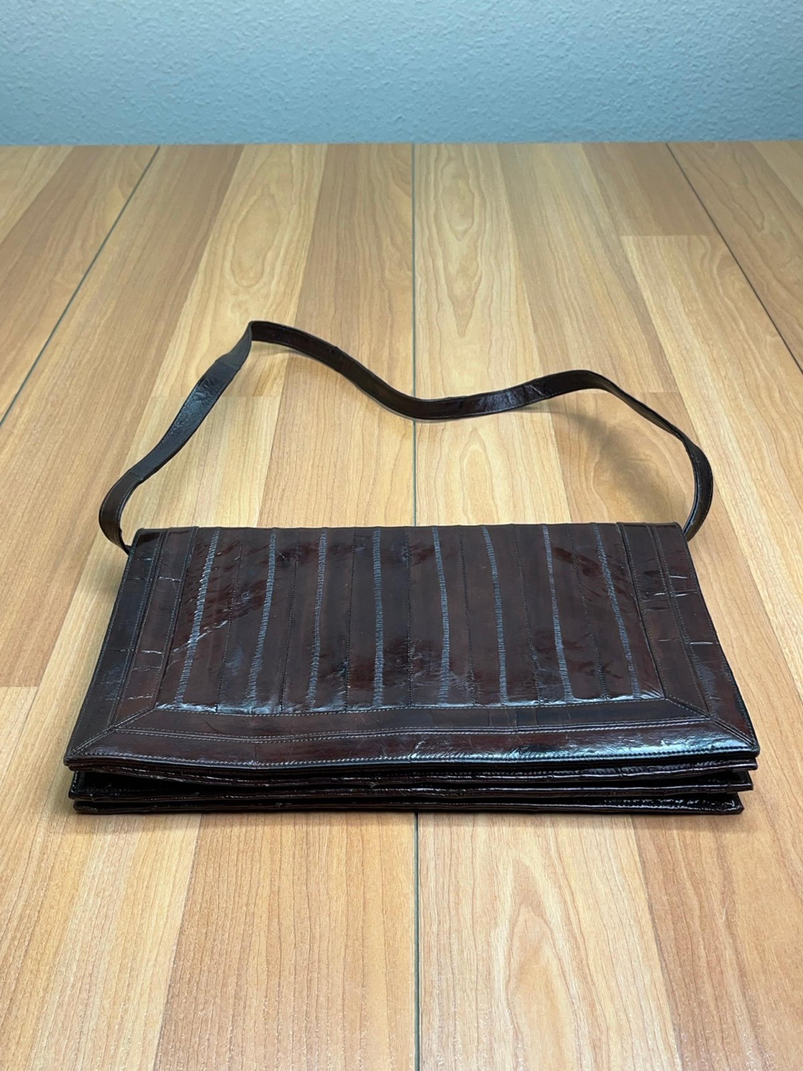 Vintage Dark Brown Genuine Eel Skin Leather Clutch Convertible Shoulder Bag
