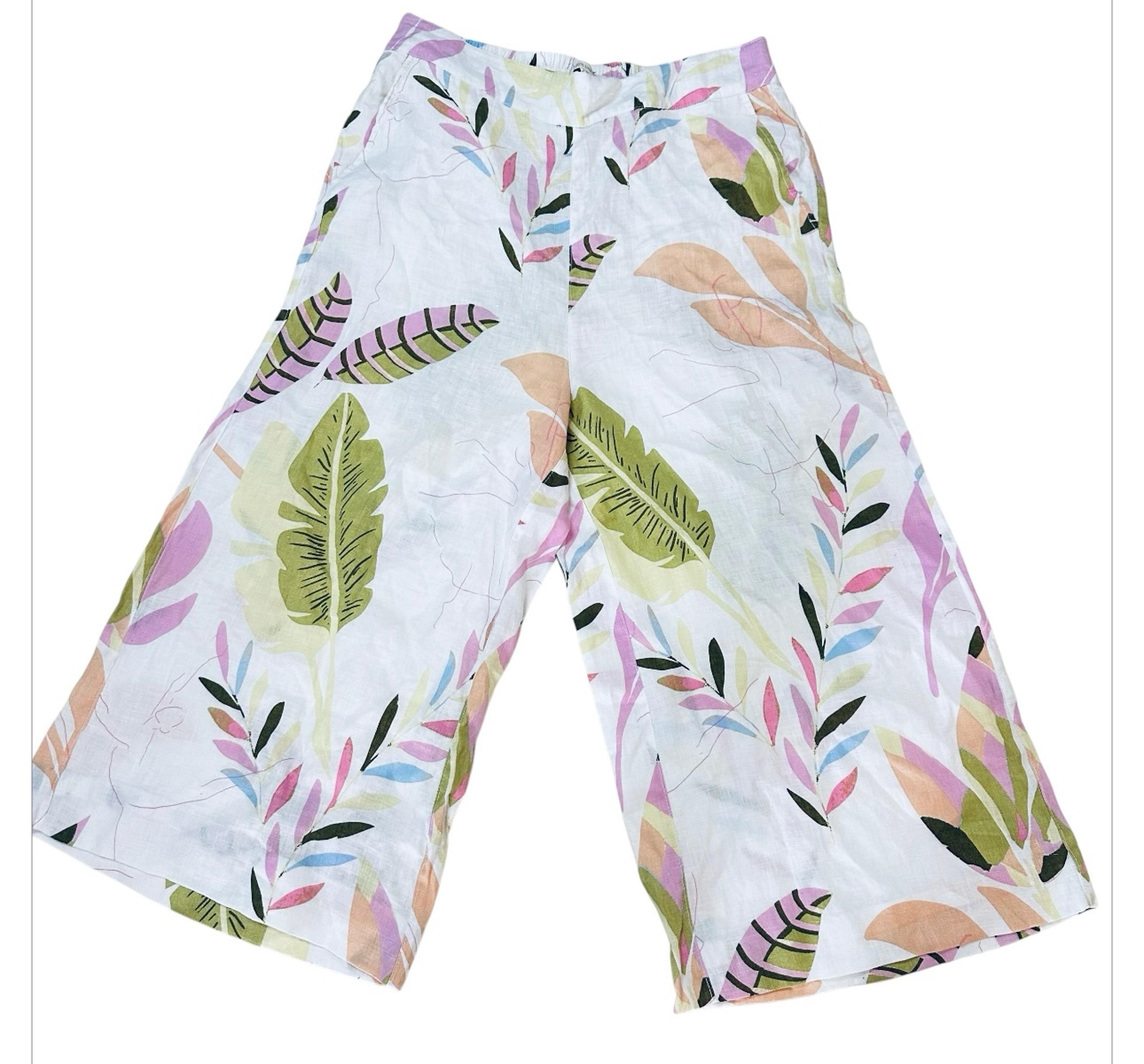 Cynthia Rowley Womens Pants Size  L White Tropical Print Wide Leg Linen Cropped
