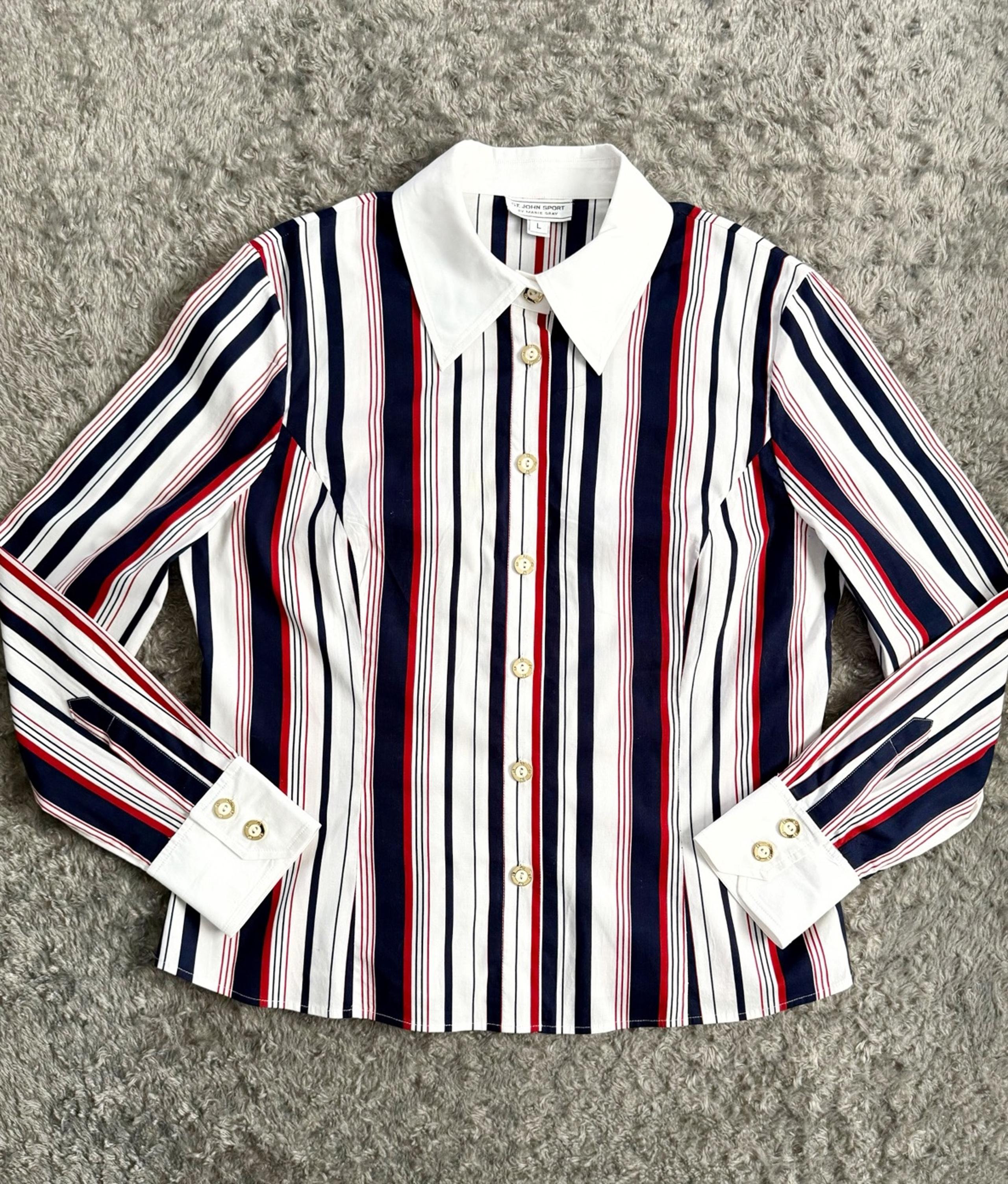 Women’s St John Sport by Marie Gray Blouse Stripe Fitted Button Down Size Large.