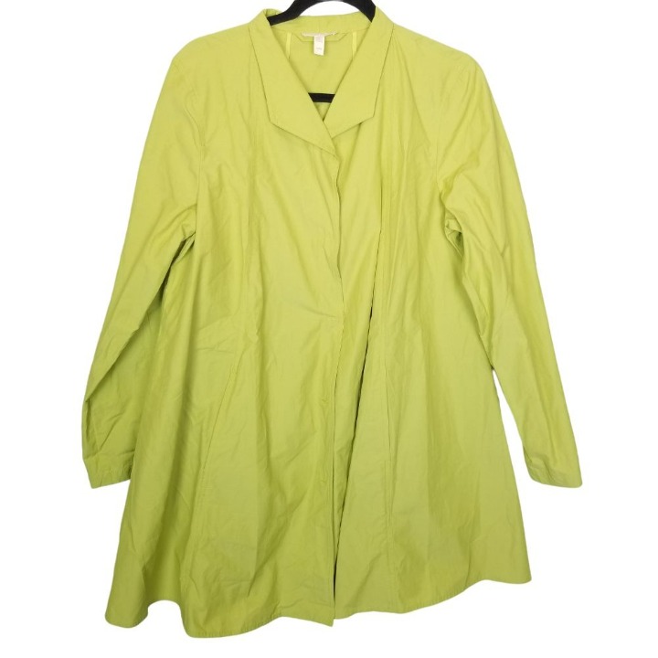 Eileen Fisher Womens M Green Snap Front Long Sleeve Organic Cotton Rain Jacket