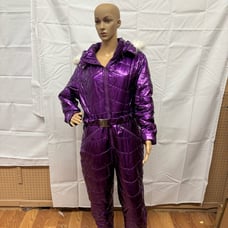 Women’s Purple Metallic Belted Snowsuit White Fur Ski Suit (M2, L4)