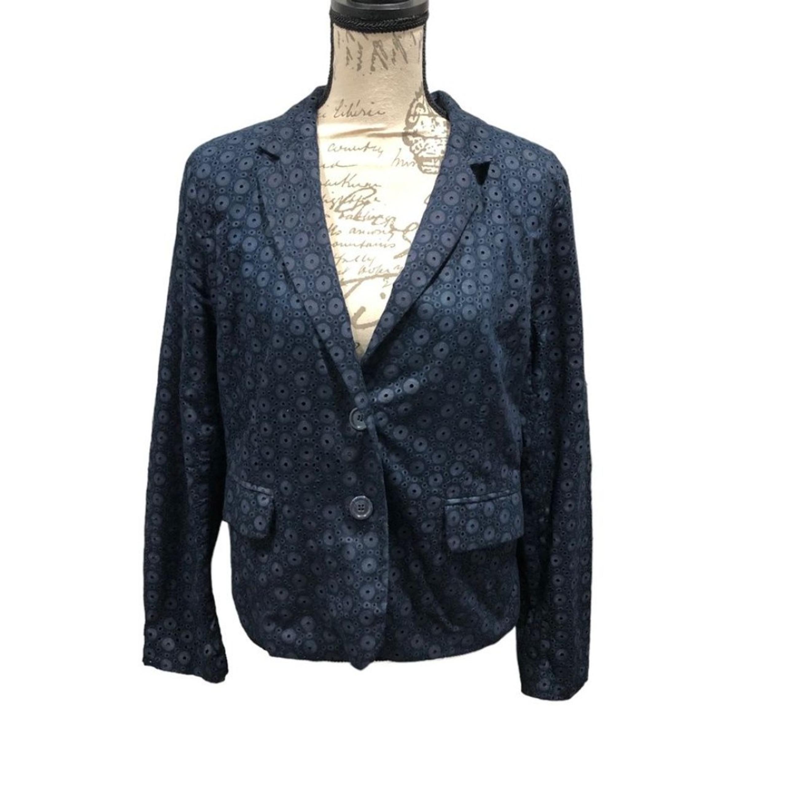 Cynthia Rowley Sz L V-Neck Circle Eyelet 2 Button Blue Cotton Blazer Jacket EUC