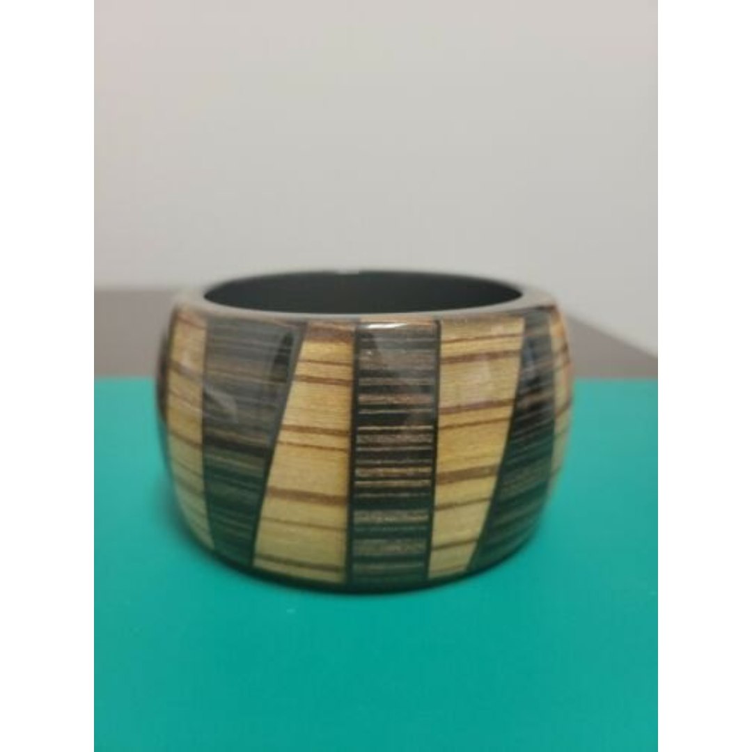 Vintage Bracelet Bangle Wide Lucite Plastic Woodgrain and Stripe Pattern EUC