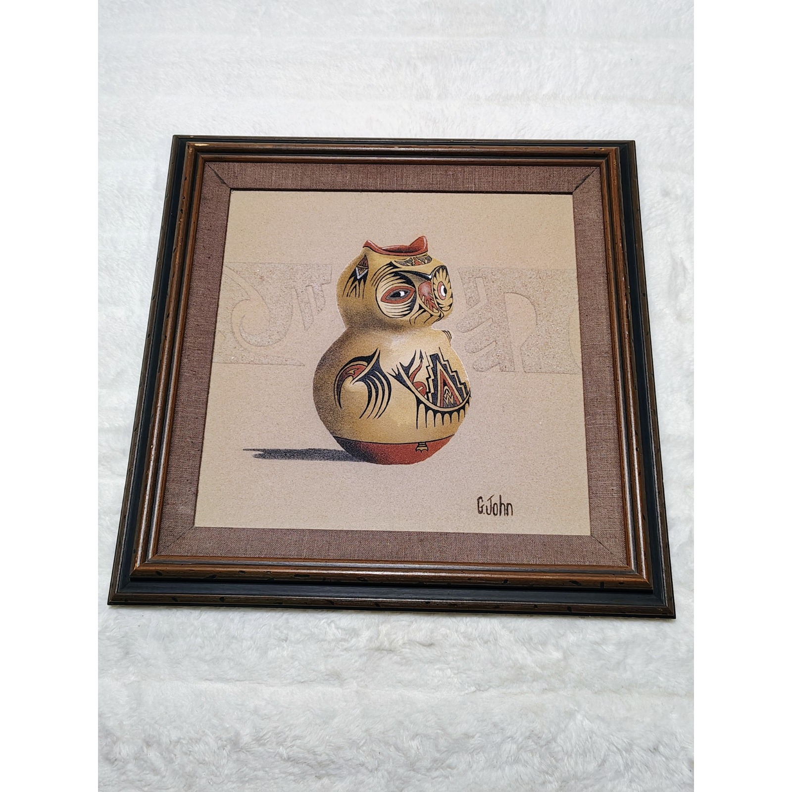 VTG Navajo Sand Dry Painting by George John Rustic Wood Frame 17.5 x 17.5