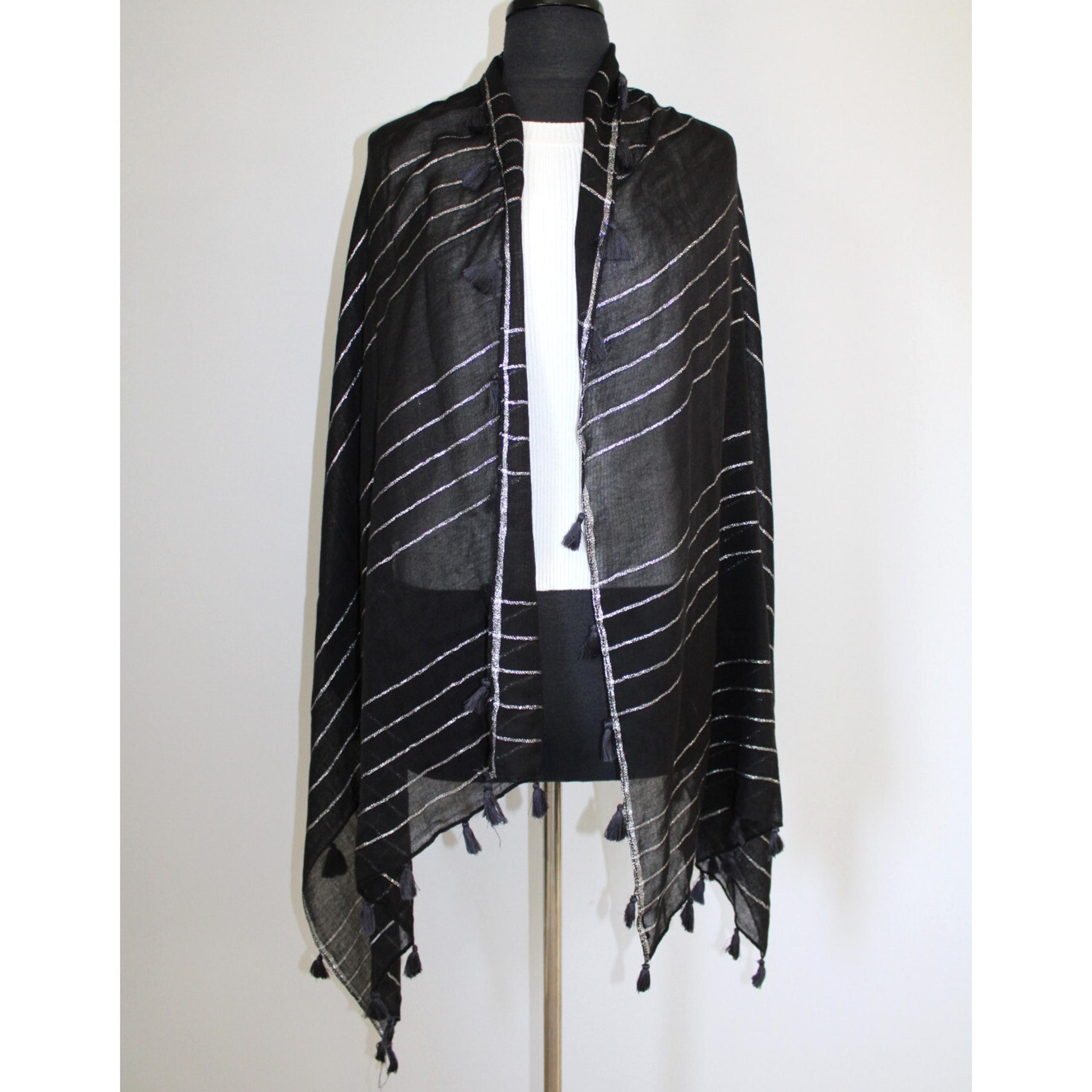A4 Flawless EILEEN FISHER Fringe-Trim Gauze Black & Silver Scarf 74"x28" Sz O/S