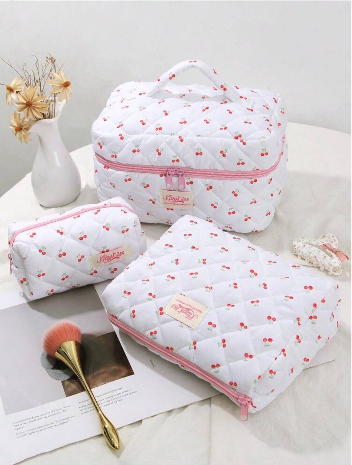 3-Piece Cherry Print Cosmetic Pouch Set