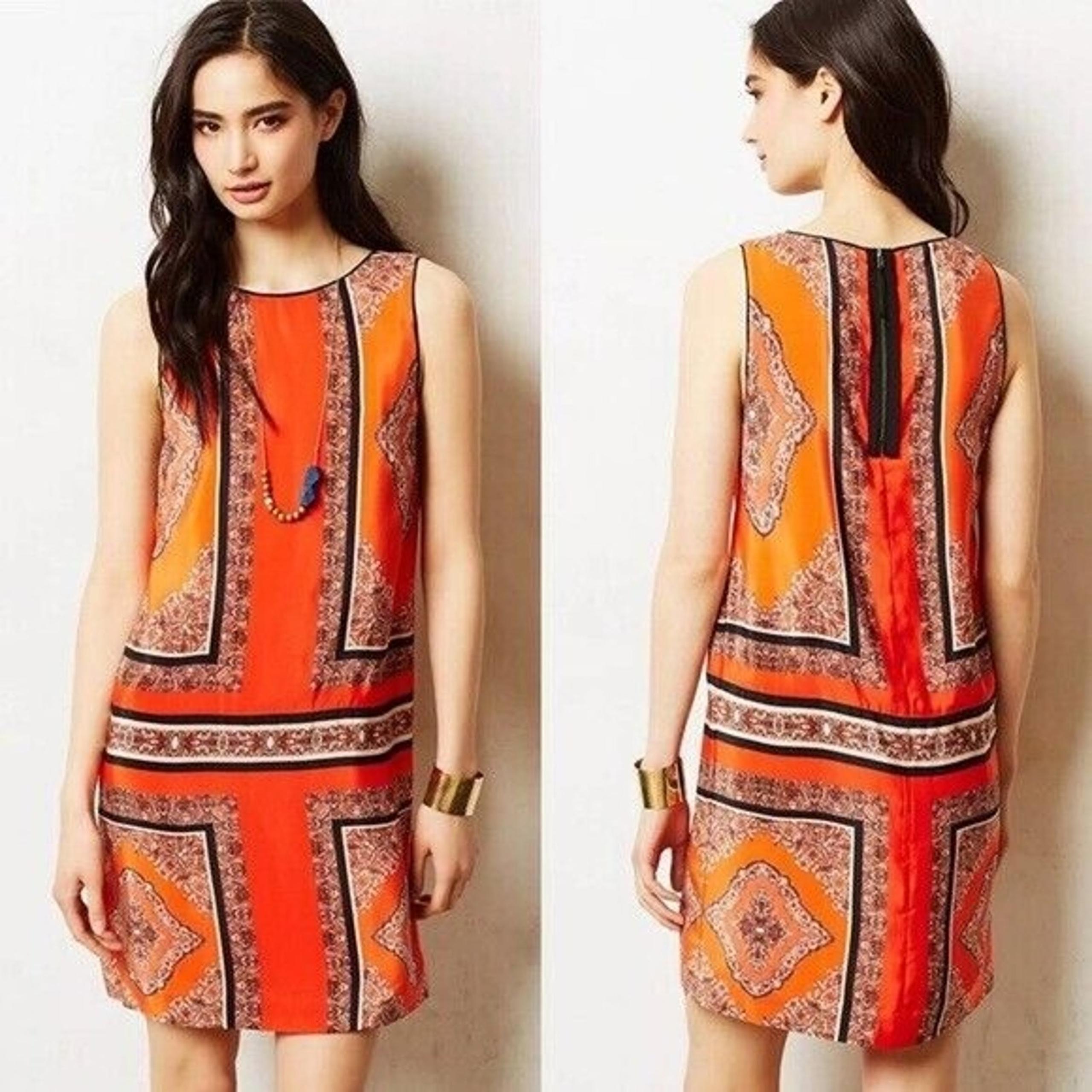 Anthropologie Maeve Canna Orange Black Silk Bandana Print Shift Dress 12