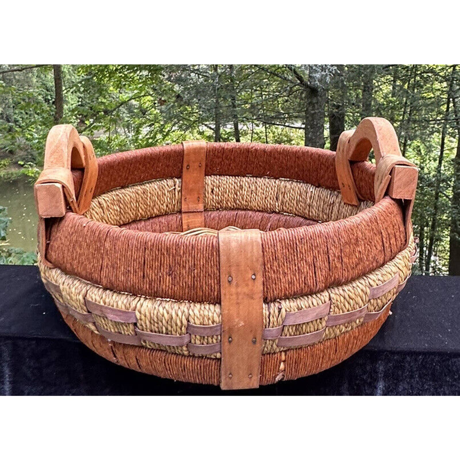 Vintage French Wicker Medium Basket With Wood Handles Sturdy Quality Made!