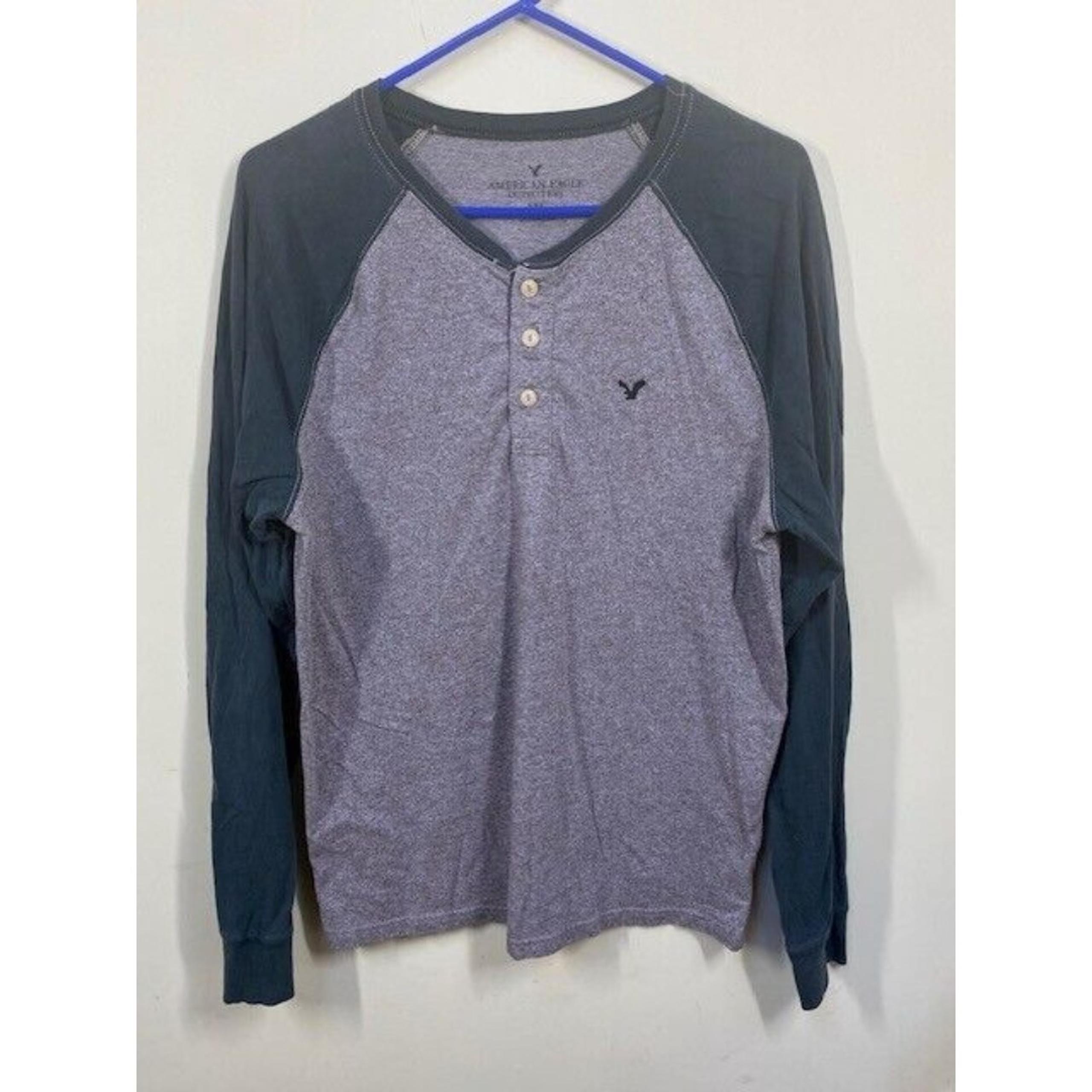 American Eagle Mens Sz M Gray Green Henley Raglan Sleeve Pullover Shirt Classic