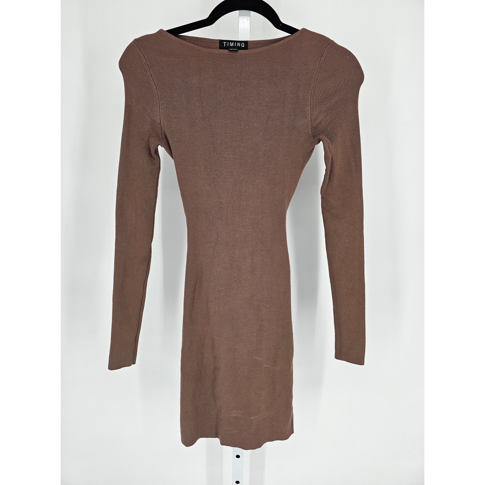 Vintage Y2K Timing Womens Sz S Bodycon Sweater Dress Taupe Open Back Long Sleeve