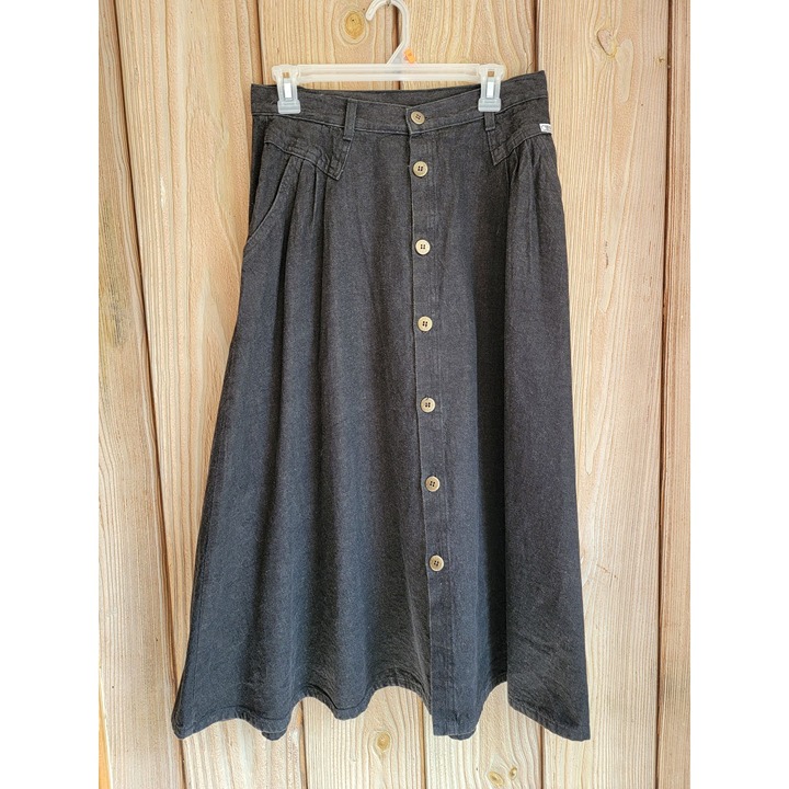 Cherokee Vintage Black Denim 80s Cotton Belted Skirt Made in USA Size 12