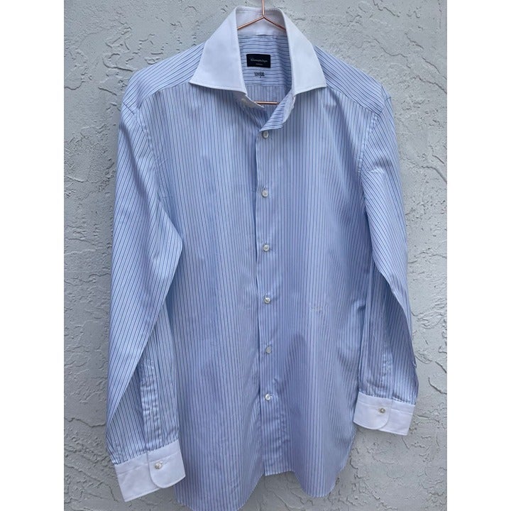 Ermenegildo Segna Mens Long Sleeve Tailored Fit Dress Shirt Blue Stripes Sz M