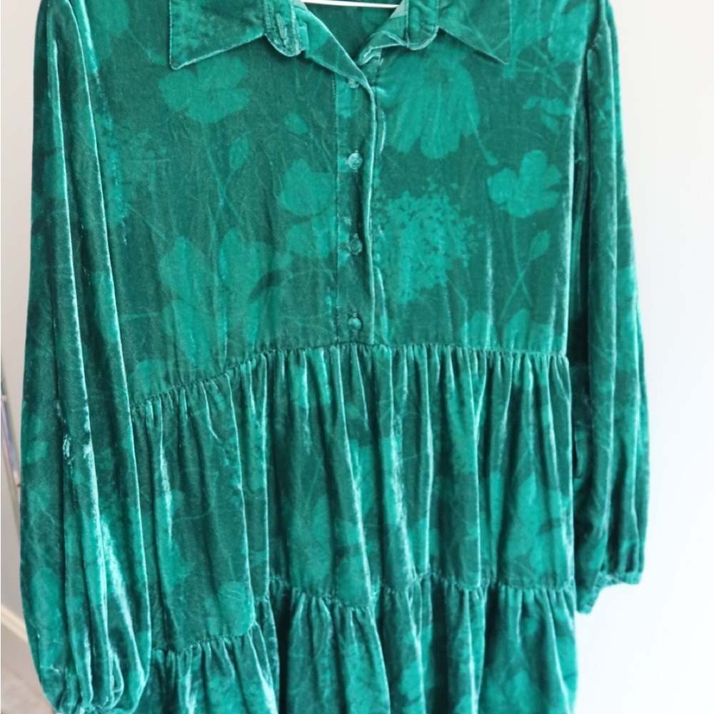 Anthropologie Maeve Bettina Tiered Velvet Mini Dress Green Floral Small
