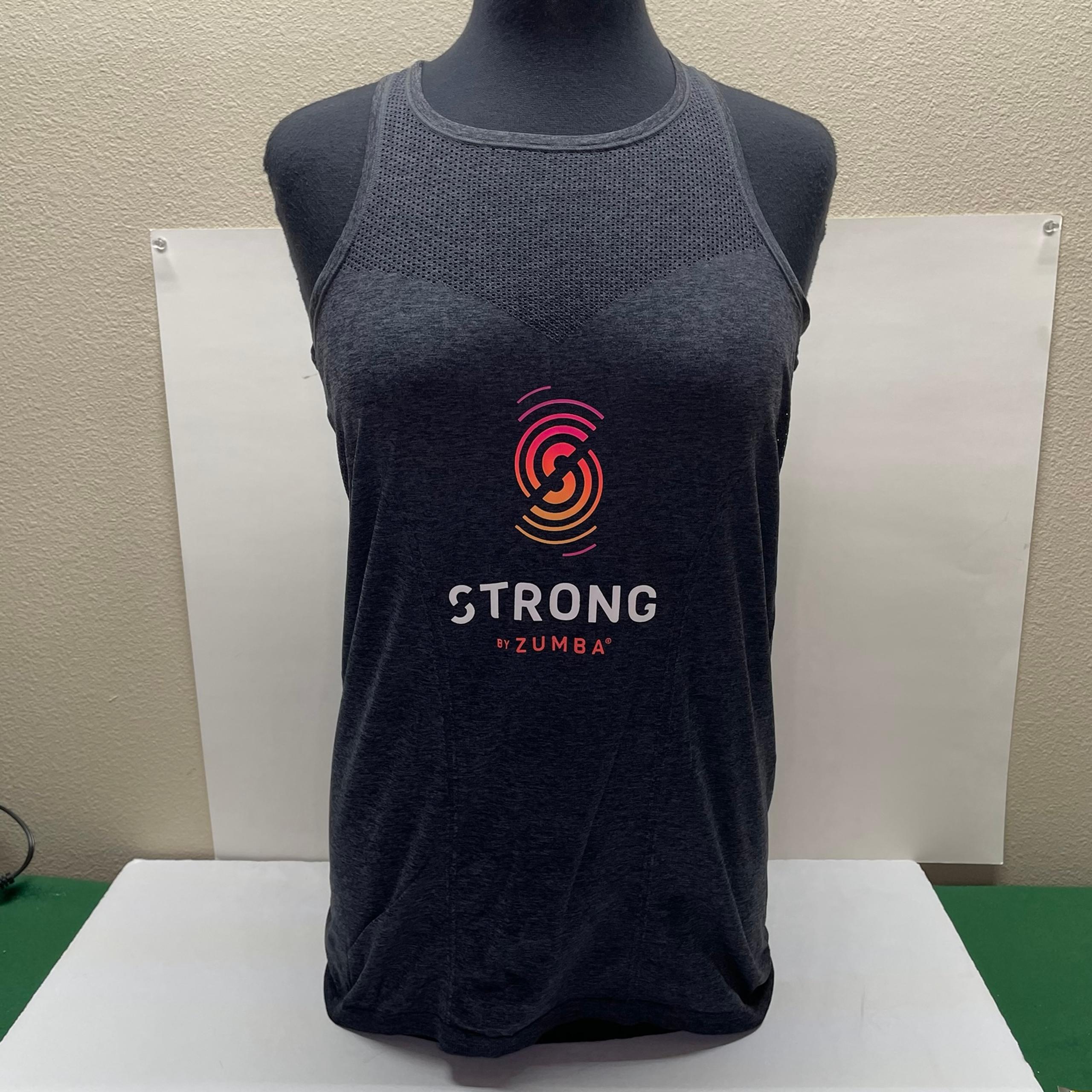 Strong by Zumba women’s athletic tank top size L/XL - charcoal w/ white & orange