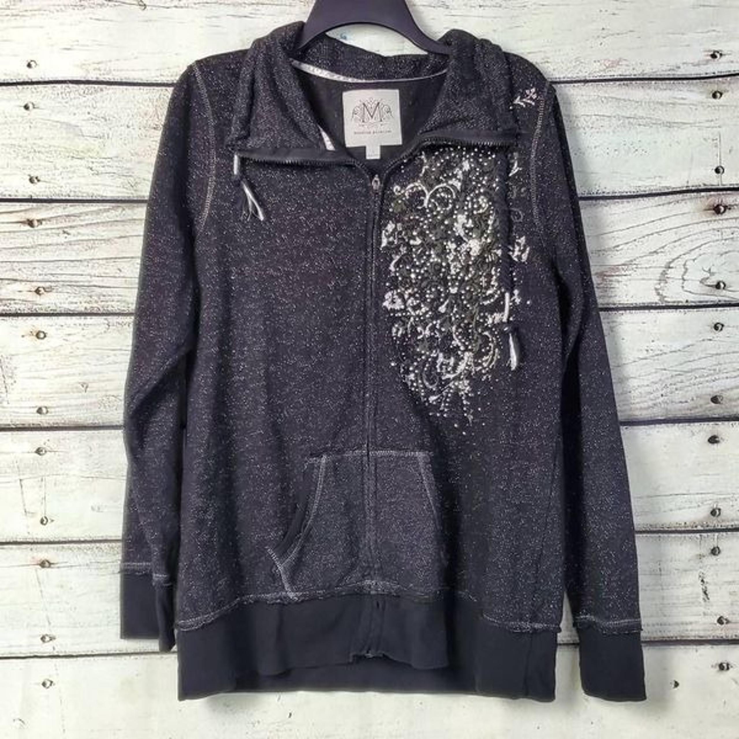 Maurices Premium Black Full Zip Hoodie Sparkle Embellished Scroll Graphic Size 1