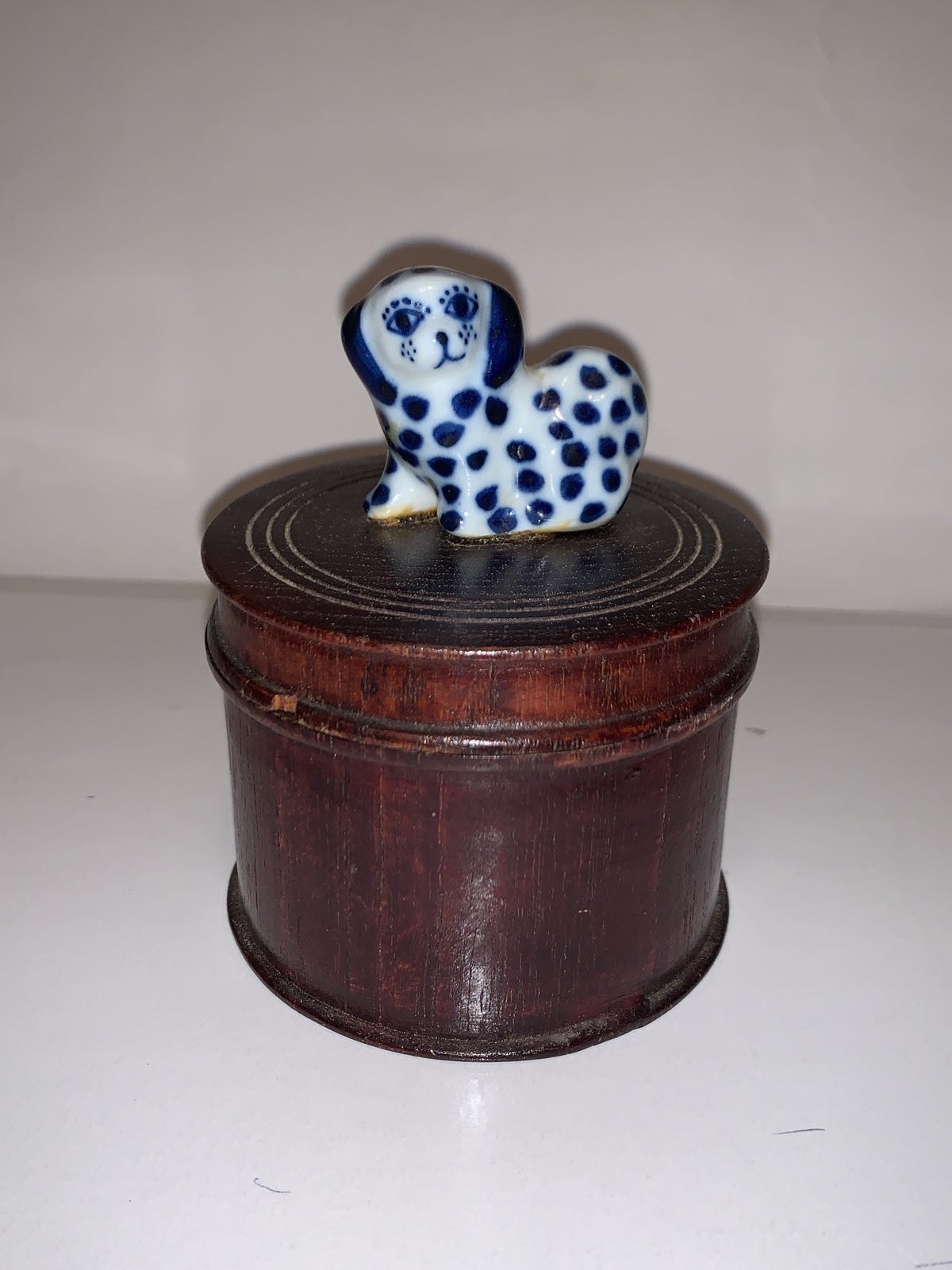 Vintage Thai Wooden Round Trinket Box with Staffordshire Porcelain Dog