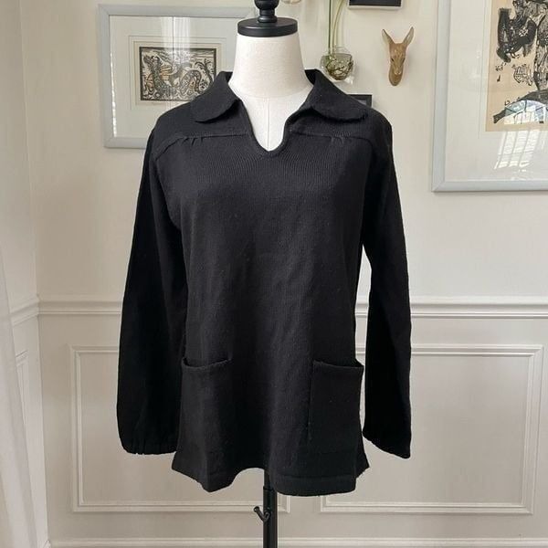 Vintage 70s Corliss Split Neck Tunic Sweater Black M L