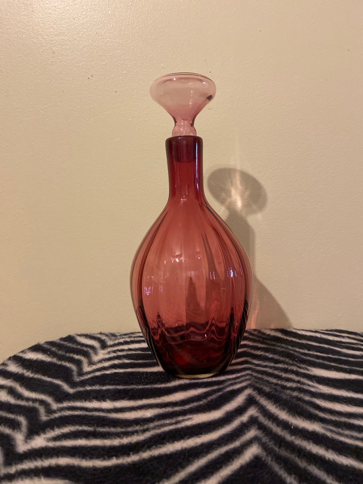 Vintage handblown, cranberry glass optic decanter