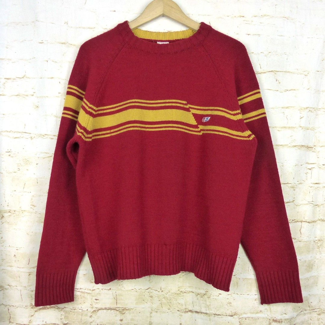VTG 55 DSL Diesel Sweater Mens L Red Yellow Stripe Wool Knit Crew Italy 90s Y2K