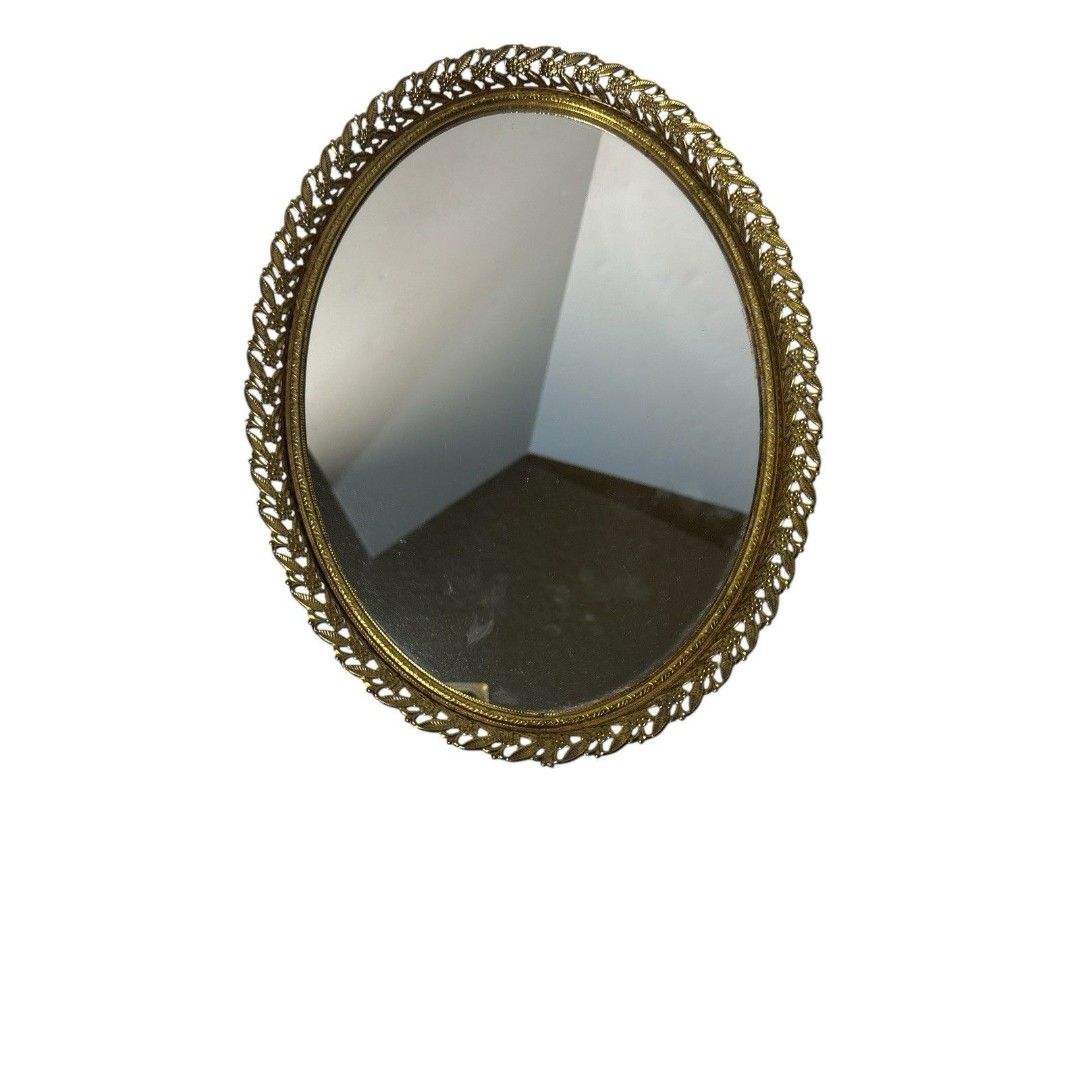 Vintage Oval Mirror Vanity Tray 12”x9” Wall Decor Brass Tone Leaf MCM Regency