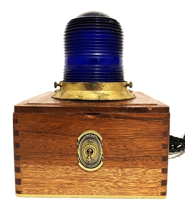 Handmade Found Object Lamp Nightlight - Blue Lens