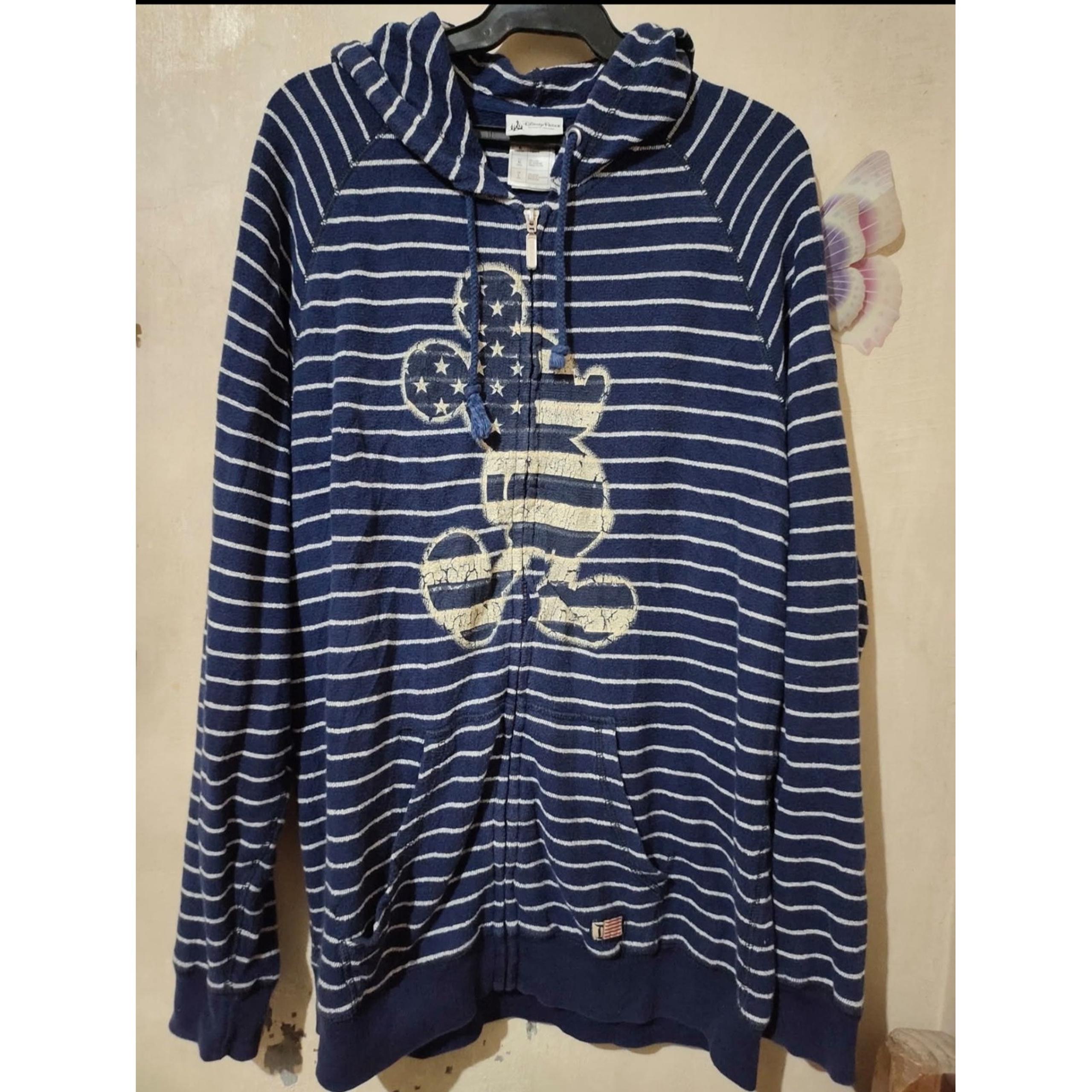 Disney Parks Unisex America Hooded Zip Terry Sweatshirt XL Blue Striped Nautical
