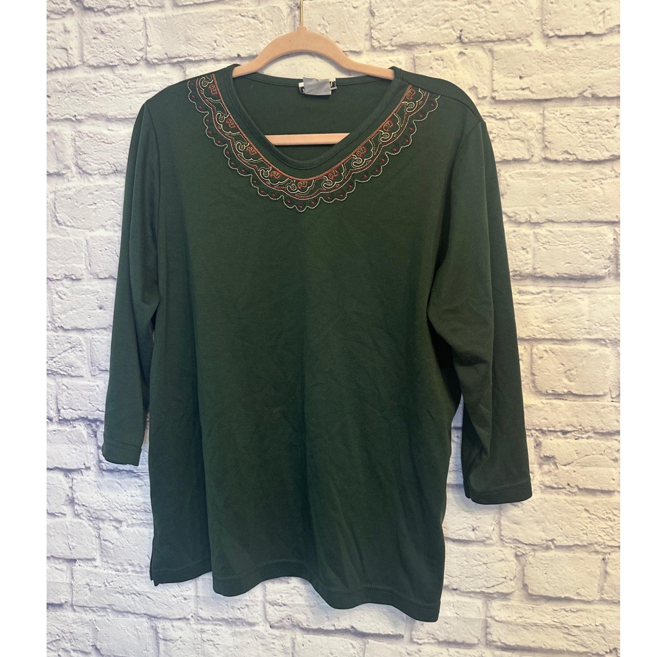BonWorth Embroidered Neck Top 3/4 Sleeve Green Casual Blouse Size M